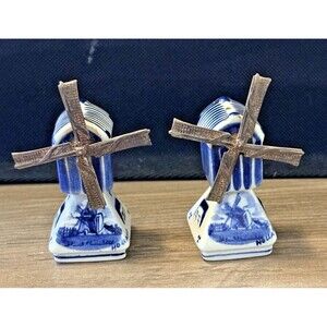VTG Metal Spinning Windmill Holland Porcelain Salt Pepper Shakers SET